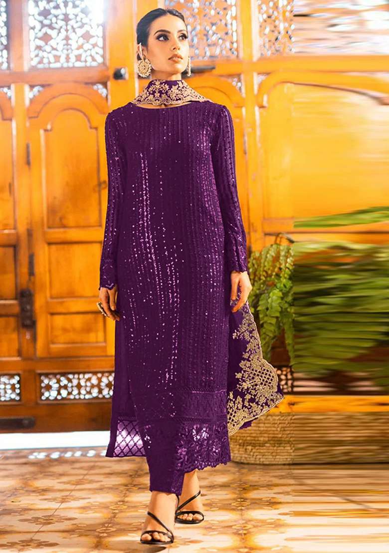 Wine Embroidered Georgette Pakistani Suit Set - Indya