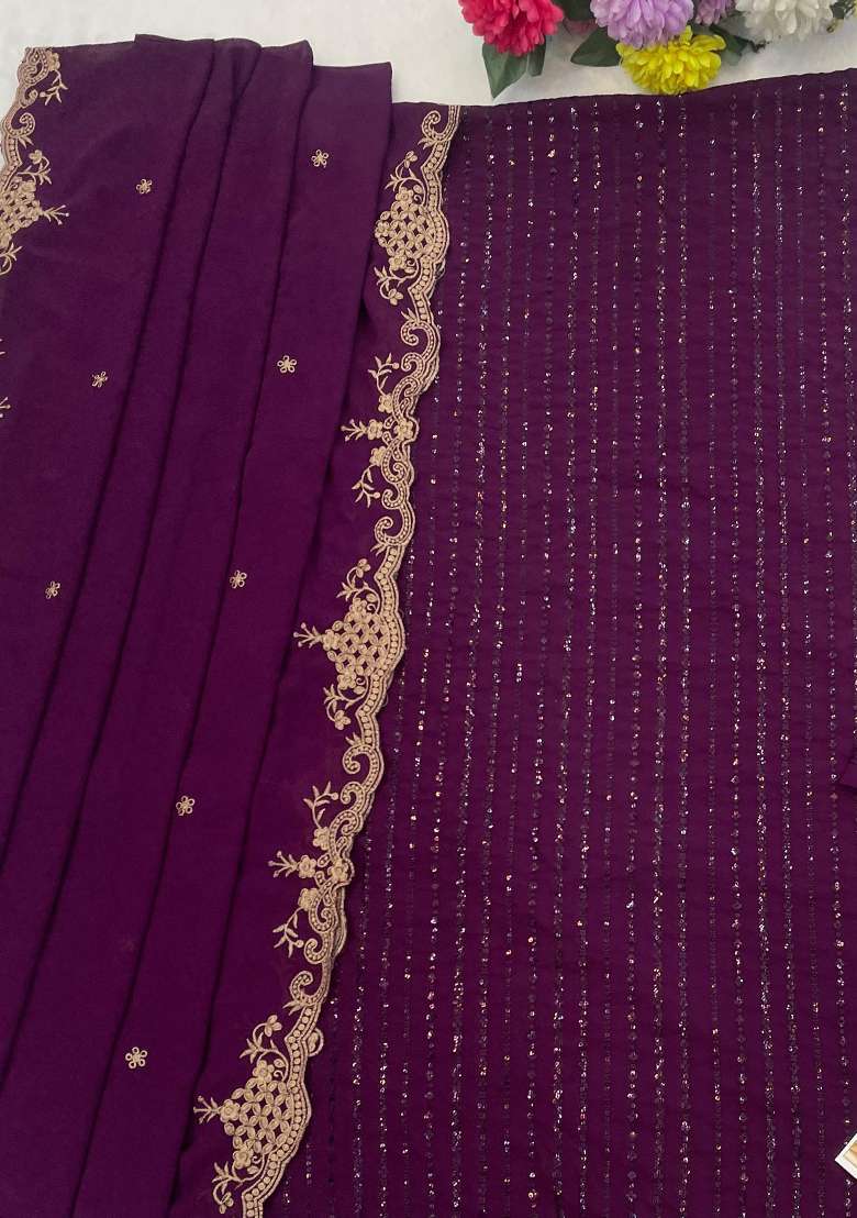 Wine Embroidered Georgette Pakistani Suit Set - Indya