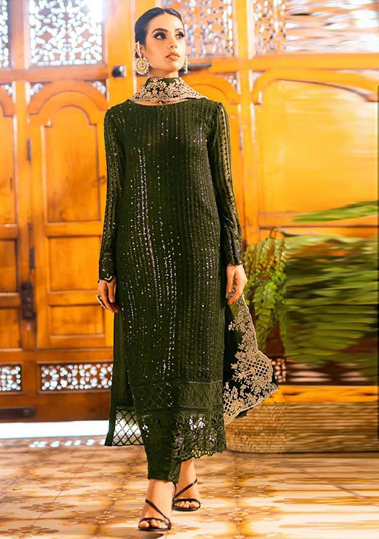 Mehendi Embroidery Georgette Kurta Set - Indya