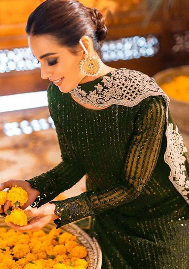Mehendi Embroidery Georgette Kurta Set - Indya