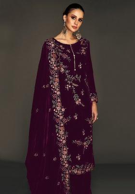 Purple Embroidered Velvet Kurta Set