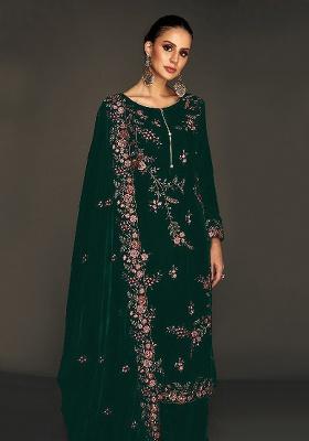 Green Embroidered Velvet Kurta Set