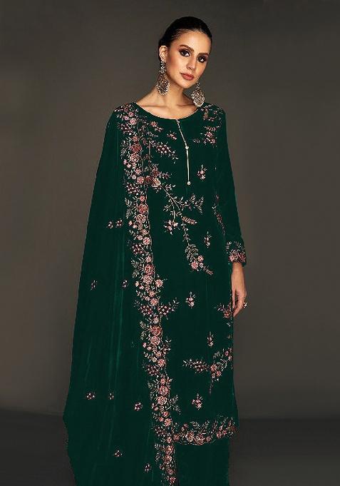 Green Embroidered Velvet Kurta Set
