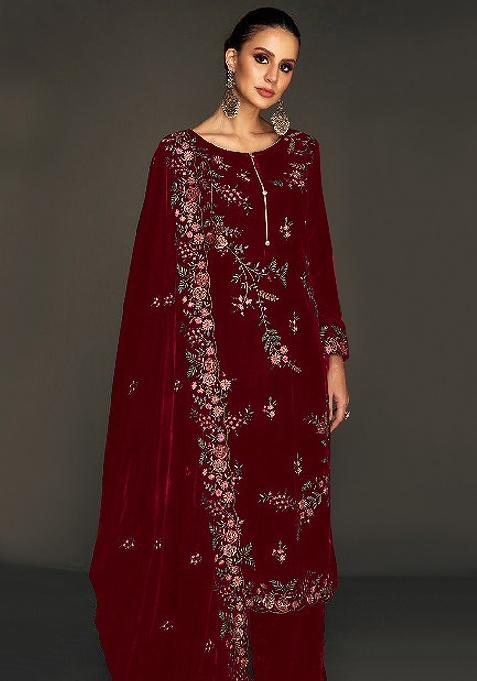 Red Embroidered Velvet Kurta Set