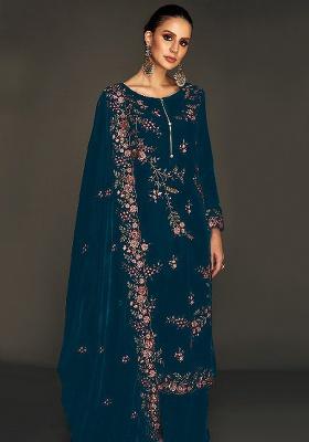 Teal Embroidered Velvet Kurta Set