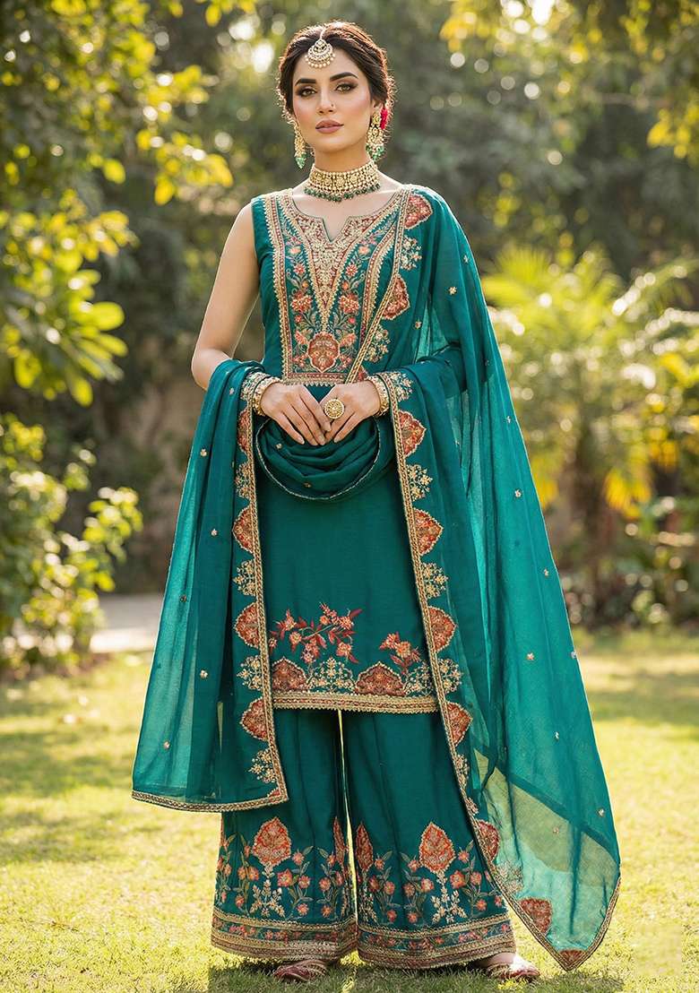 Teal Blue Embroidered Chinon Sharara Set - Indya