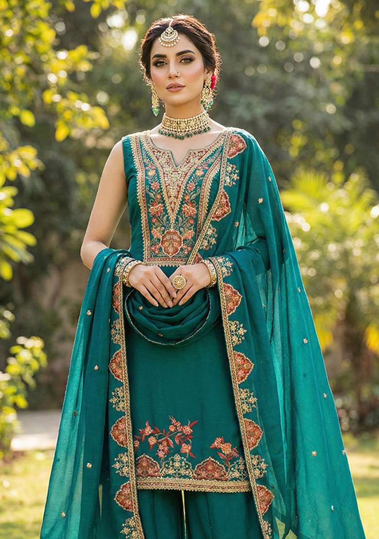 Teal Blue Embroidered Chinon Sharara Set - Indya