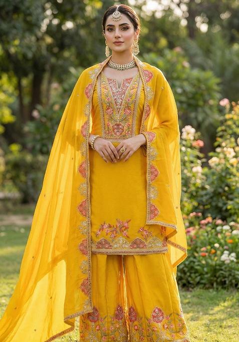 Yellow Embroidered Chinon Kurta Set