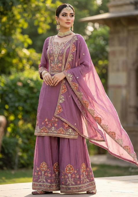 Lavender Embroidered Chinon Kurta Set