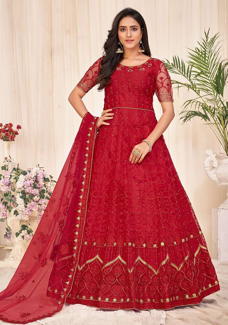Red Embroidered Net Anarkali Set - Indya