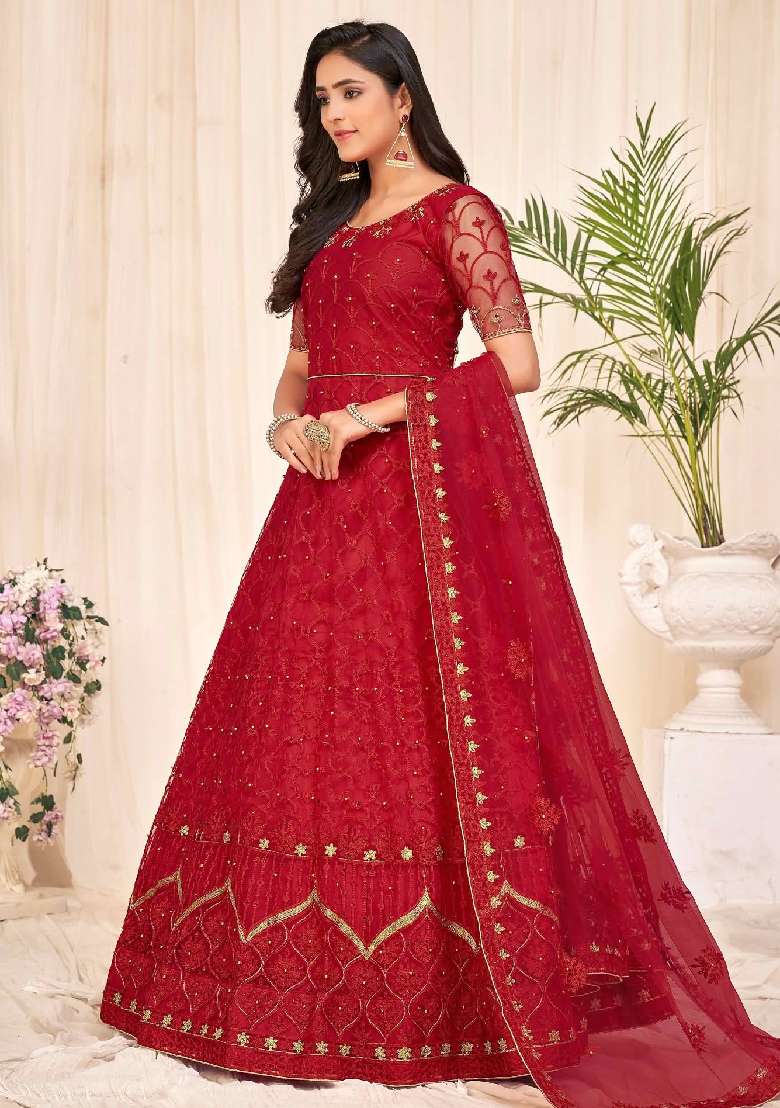 Red Embroidered Net Anarkali Set - Indya