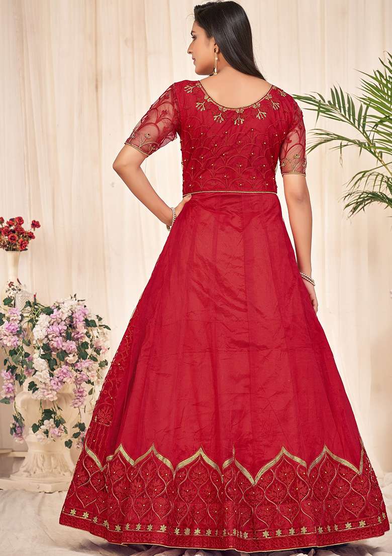 Red Embroidered Net Anarkali Set - Indya