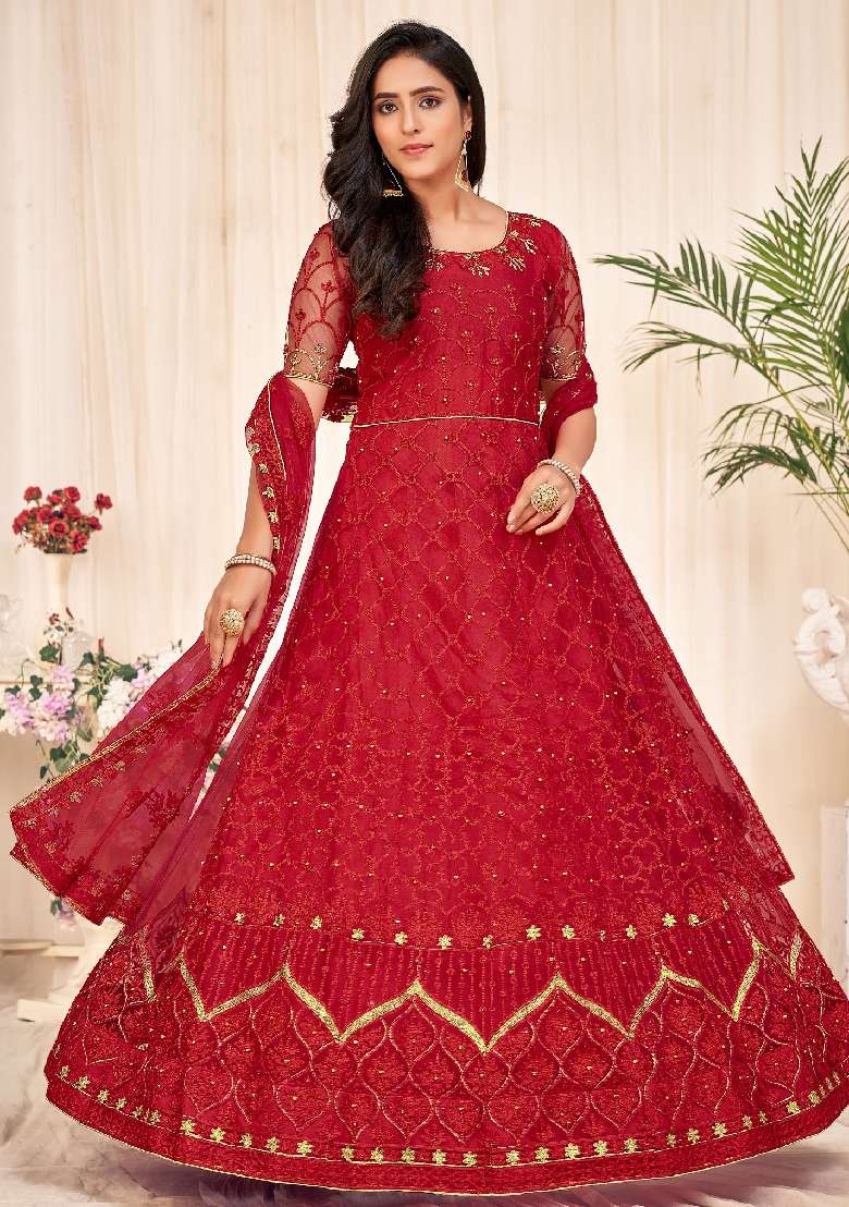 Red Embroidered Net Anarkali Set - Indya