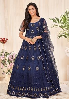 Navy Blue Embroidery Net Kurta Set