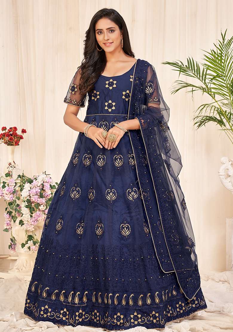Navy Blue Embroidered Net Anarkali Set - Indya