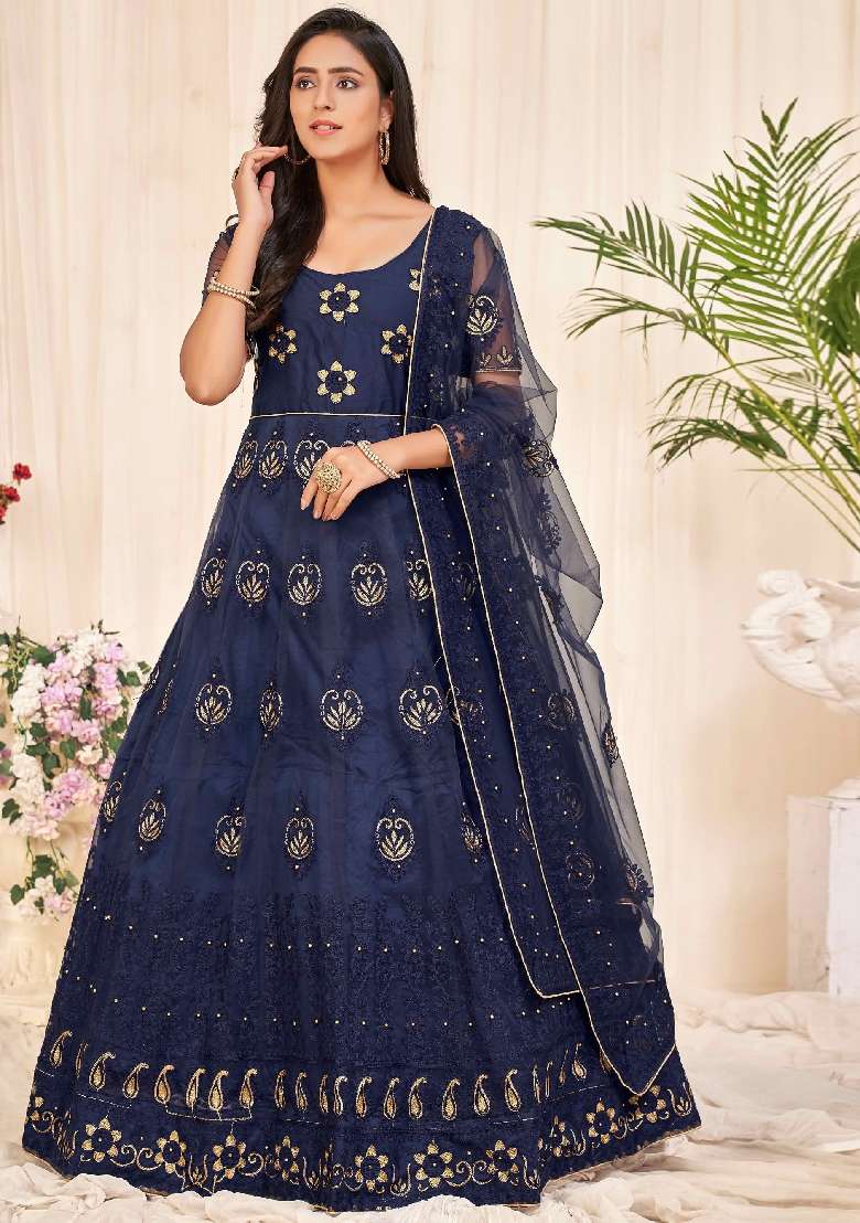 Navy Blue Embroidered Net Anarkali Set - Indya