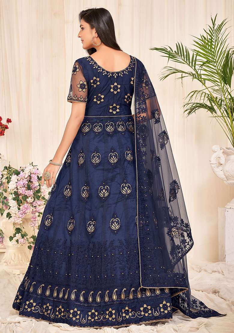 Navy Blue Embroidered Net Anarkali Set - Indya