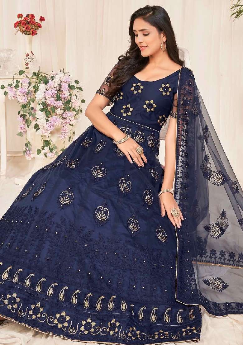 Navy Blue Embroidered Net Anarkali Set - Indya