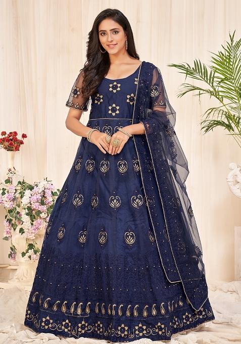 Navy Blue Embroidery Net Kurta Set