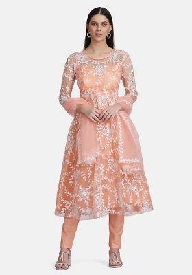Peach Embroidery Net Kurta Set