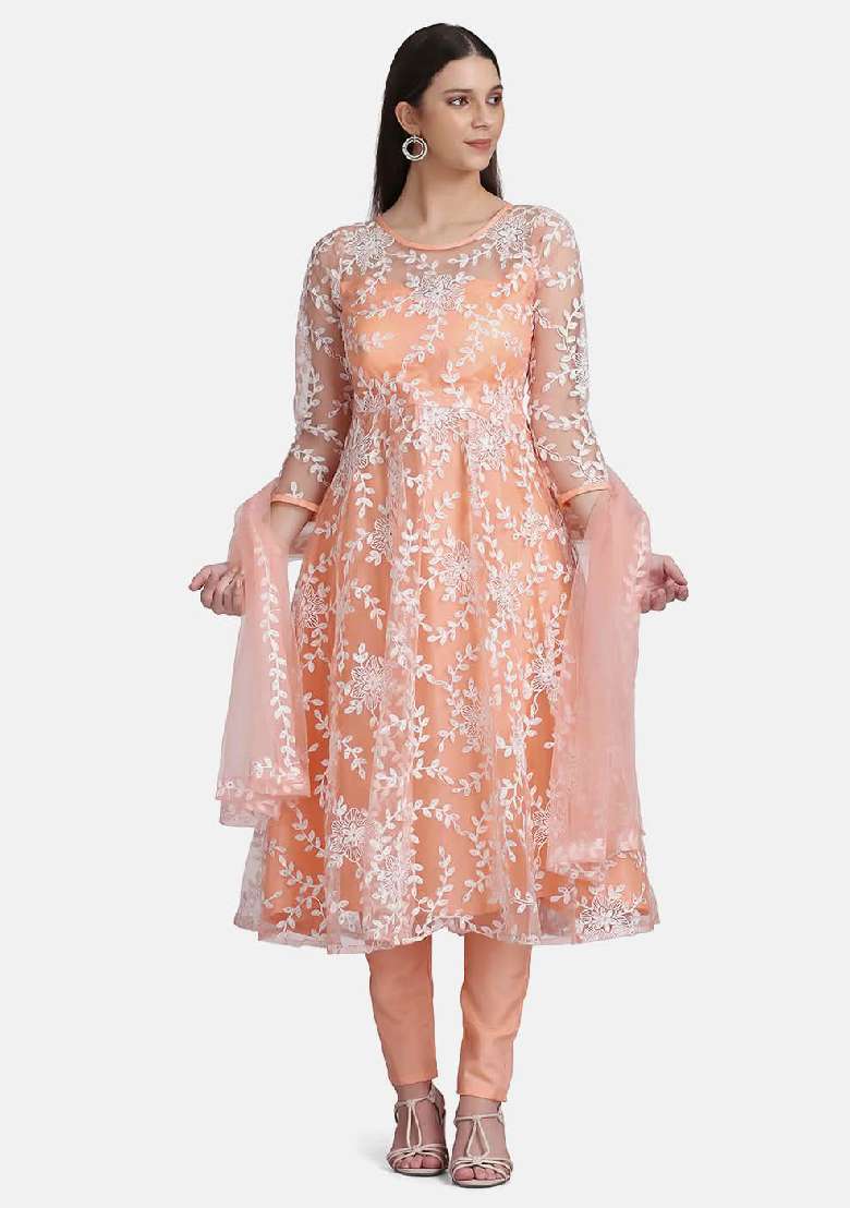 Peach Embroidered Net A Line Kurta Set - Indya