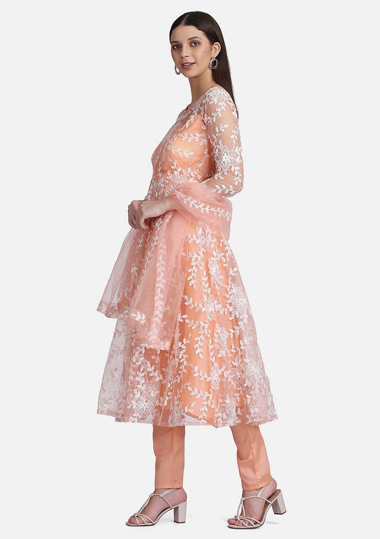 Peach Embroidered Net A Line Kurta Set - Indya