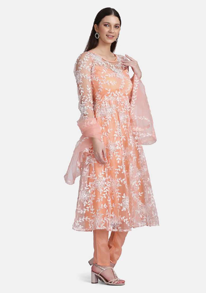 Peach Embroidered Net A Line Kurta Set - Indya