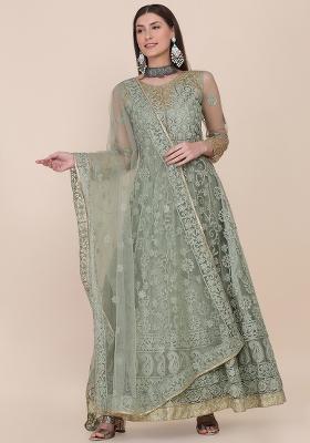 Light Green Embroidery Net Kurta Set