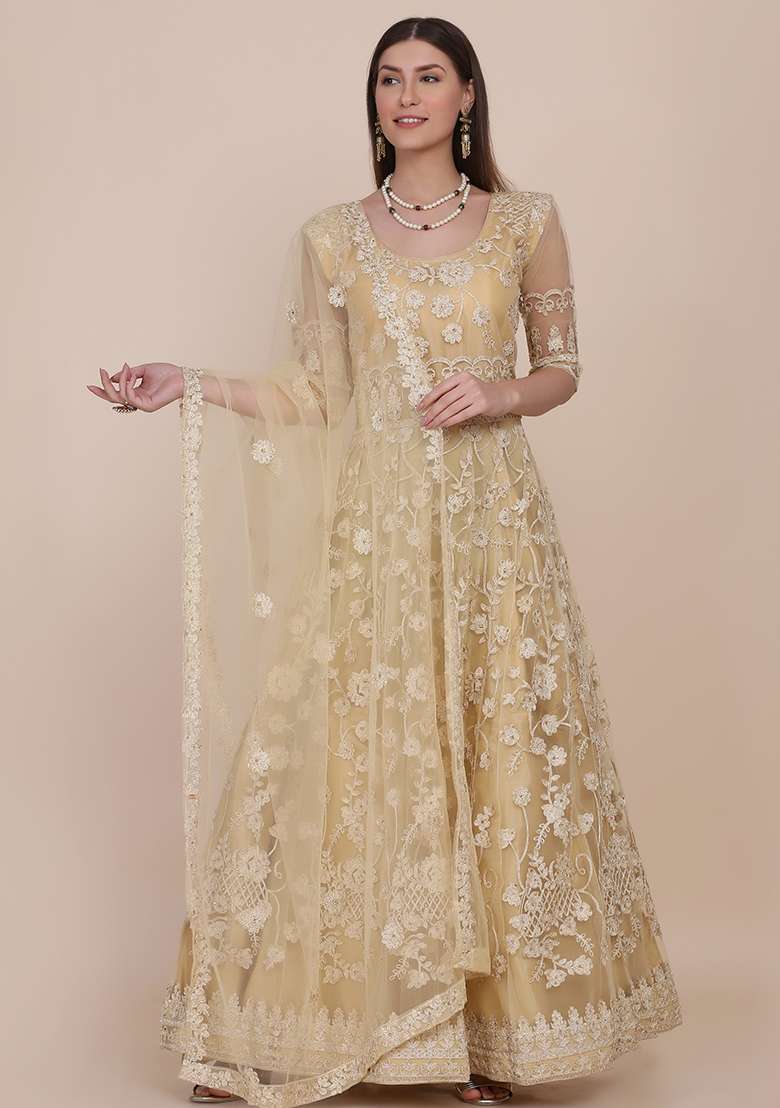Cream Embroidered Net Anarkali Set - Indya