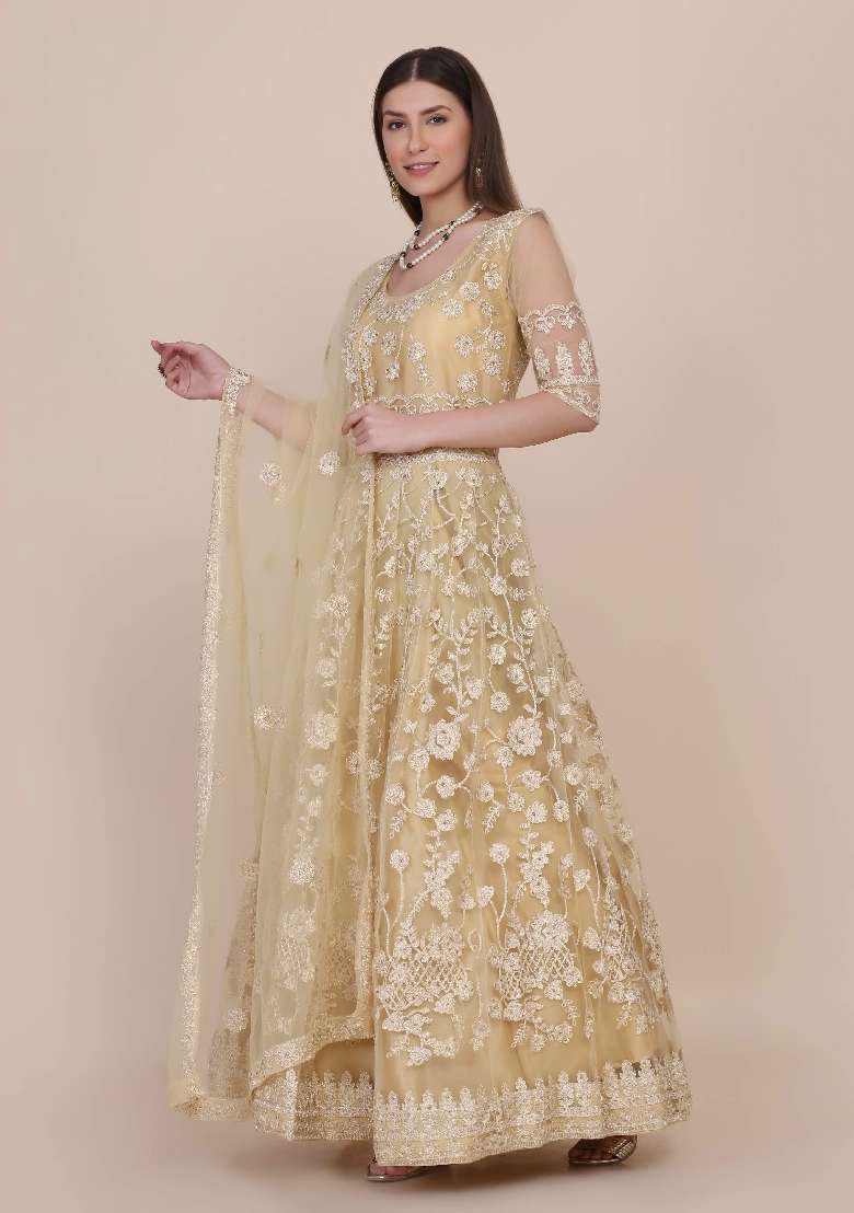 Cream Embroidered Net Anarkali Set - Indya