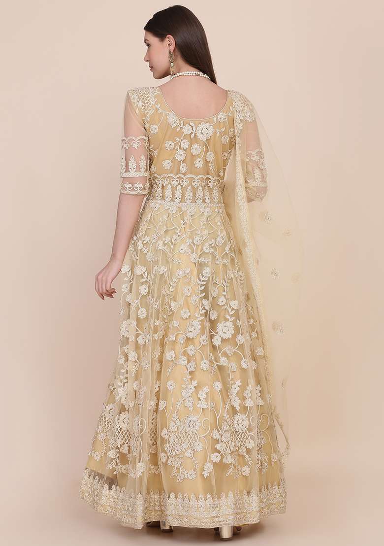 Cream Embroidered Net Anarkali Set - Indya