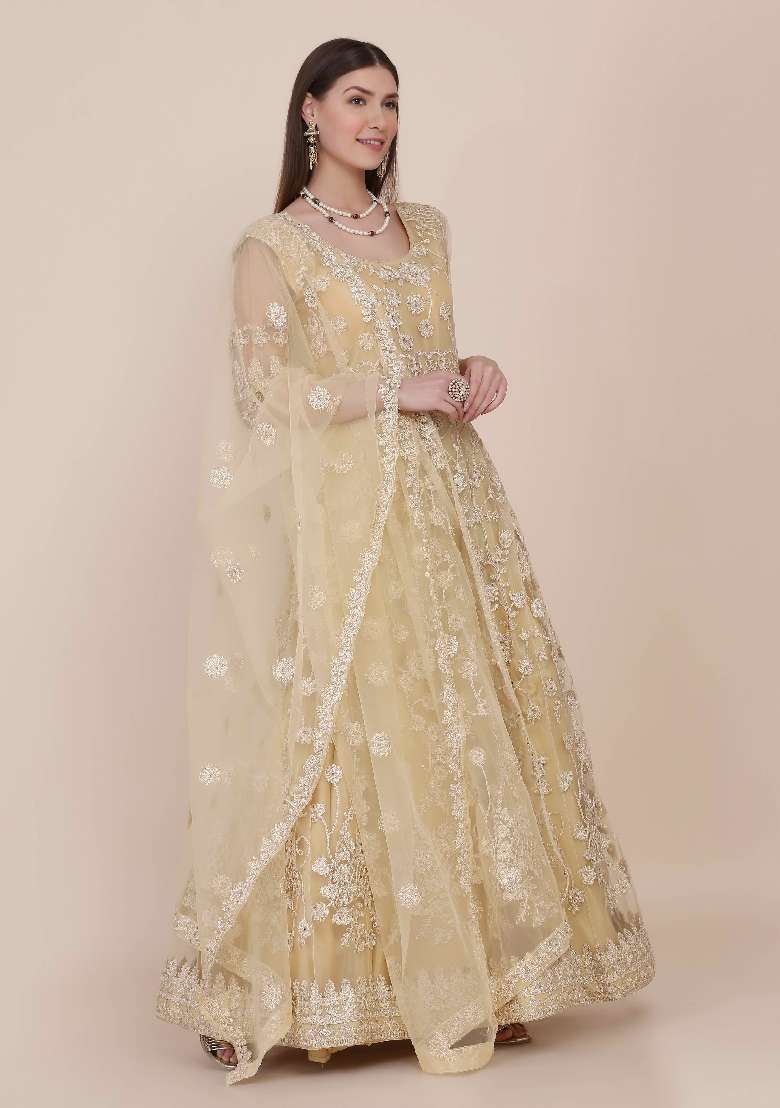 Cream Embroidered Net Anarkali Set - Indya