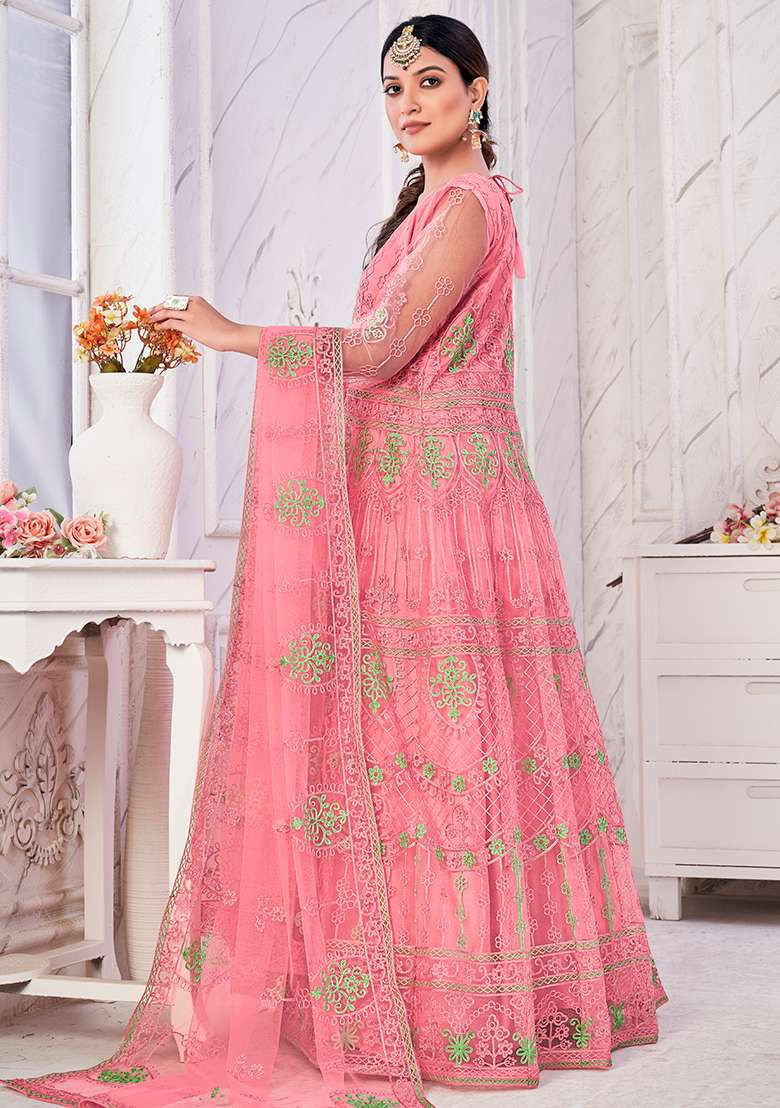 Pink Embroidered Net Anarkali Set - Indya