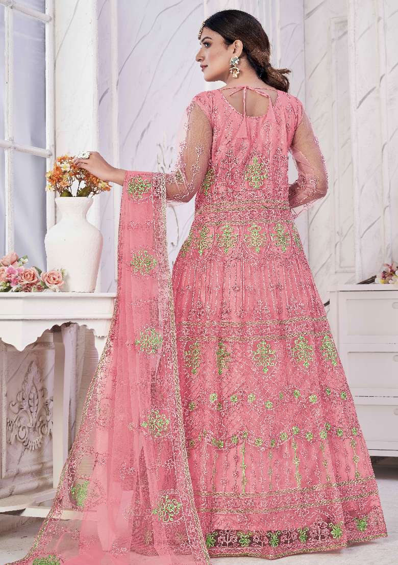 Pink Embroidered Net Anarkali Set - Indya