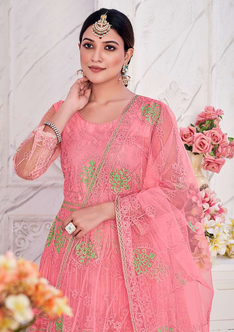 Pink Embroidered Net Anarkali Set - Indya