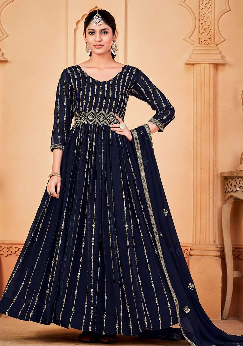 Blue Embroidered Georgette Anarkali Set - Indya