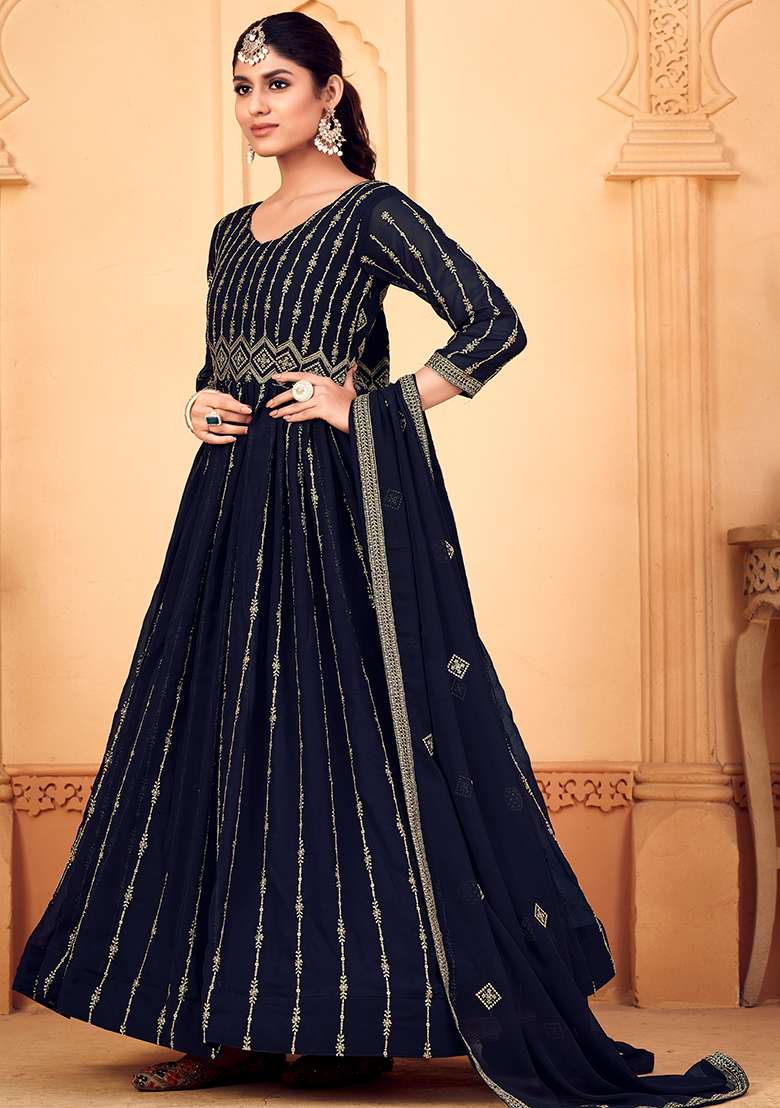 Blue Embroidered Georgette Anarkali Set - Indya