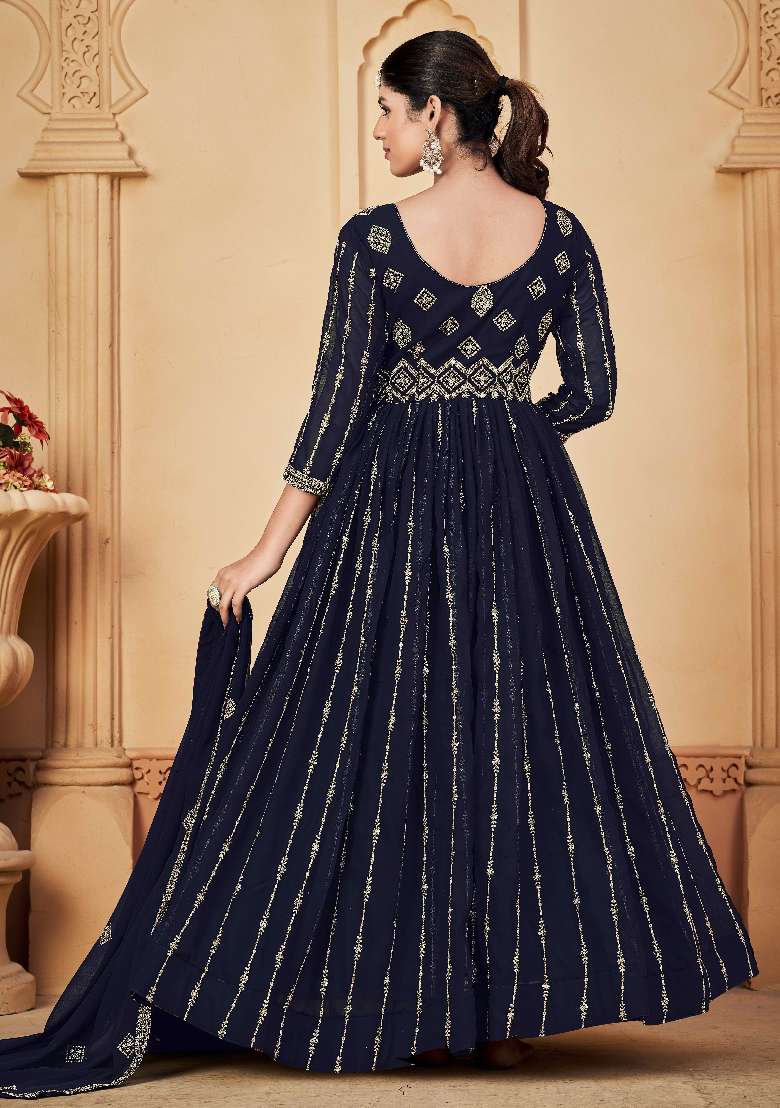 Blue Embroidered Georgette Anarkali Set - Indya