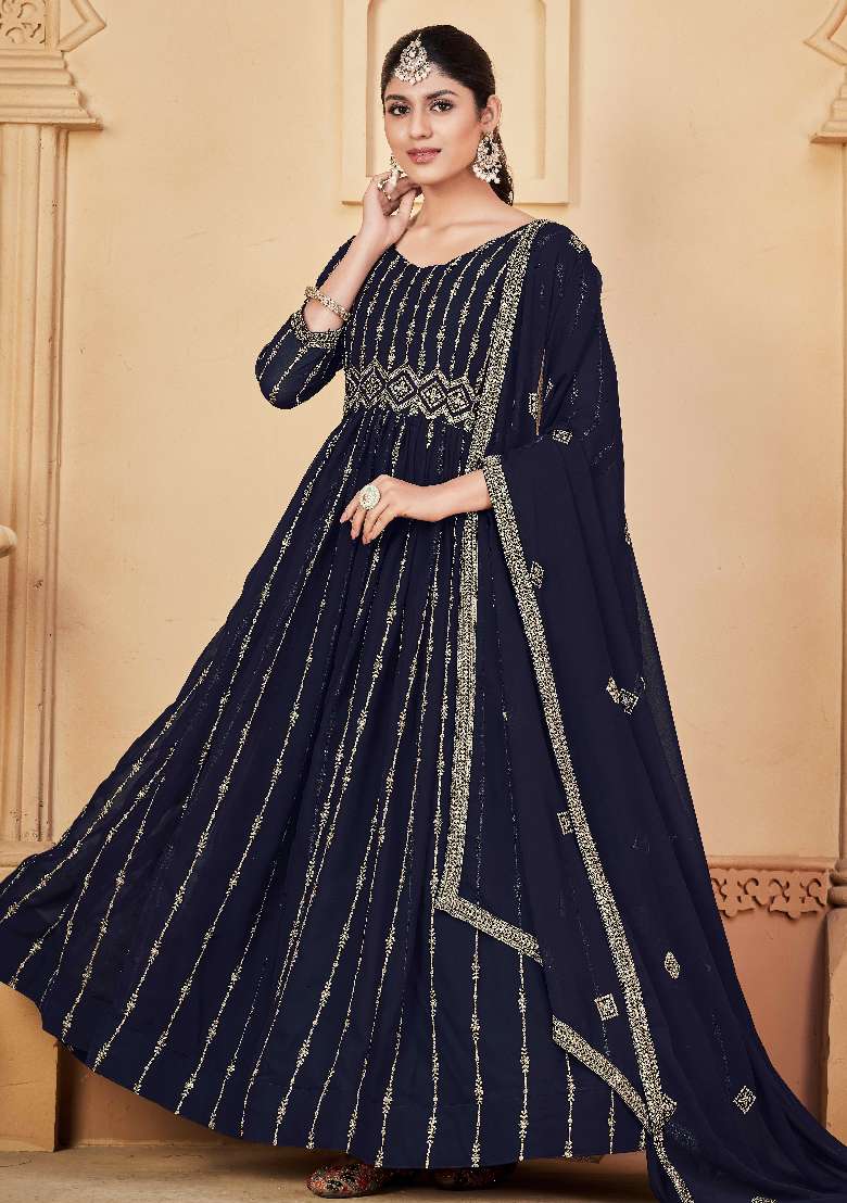 Blue Embroidered Georgette Anarkali Set - Indya