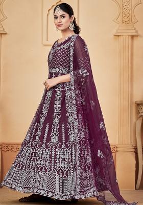 Purple Embroidery Net Kurta Set
