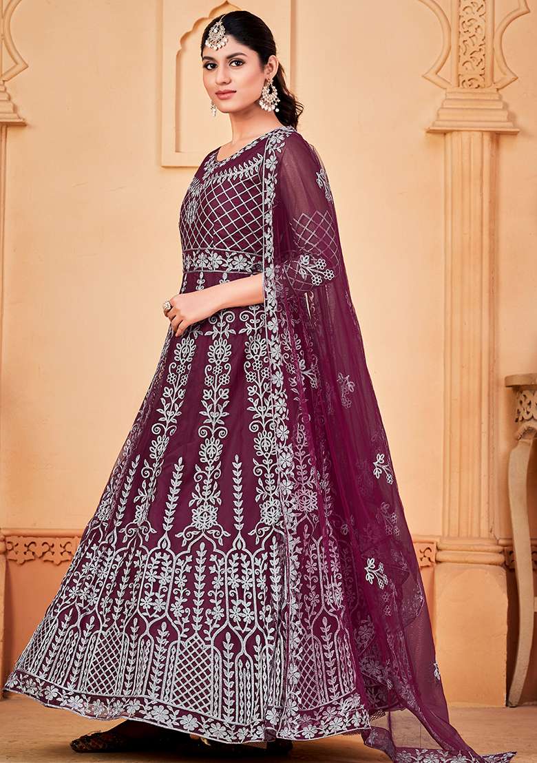 Purple Embroidered Net Anarkali Set - Indya