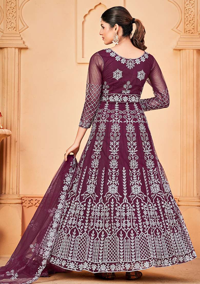 Purple Embroidered Net Anarkali Set - Indya