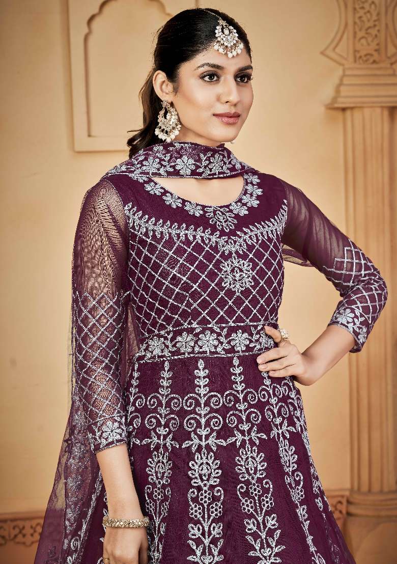 Purple Embroidered Net Anarkali Set - Indya