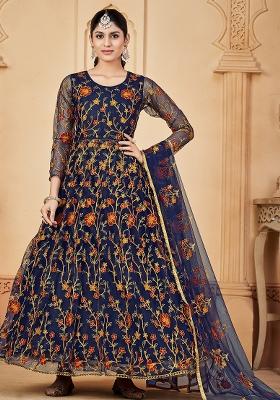 Blue Embroidery Net Kurta Set