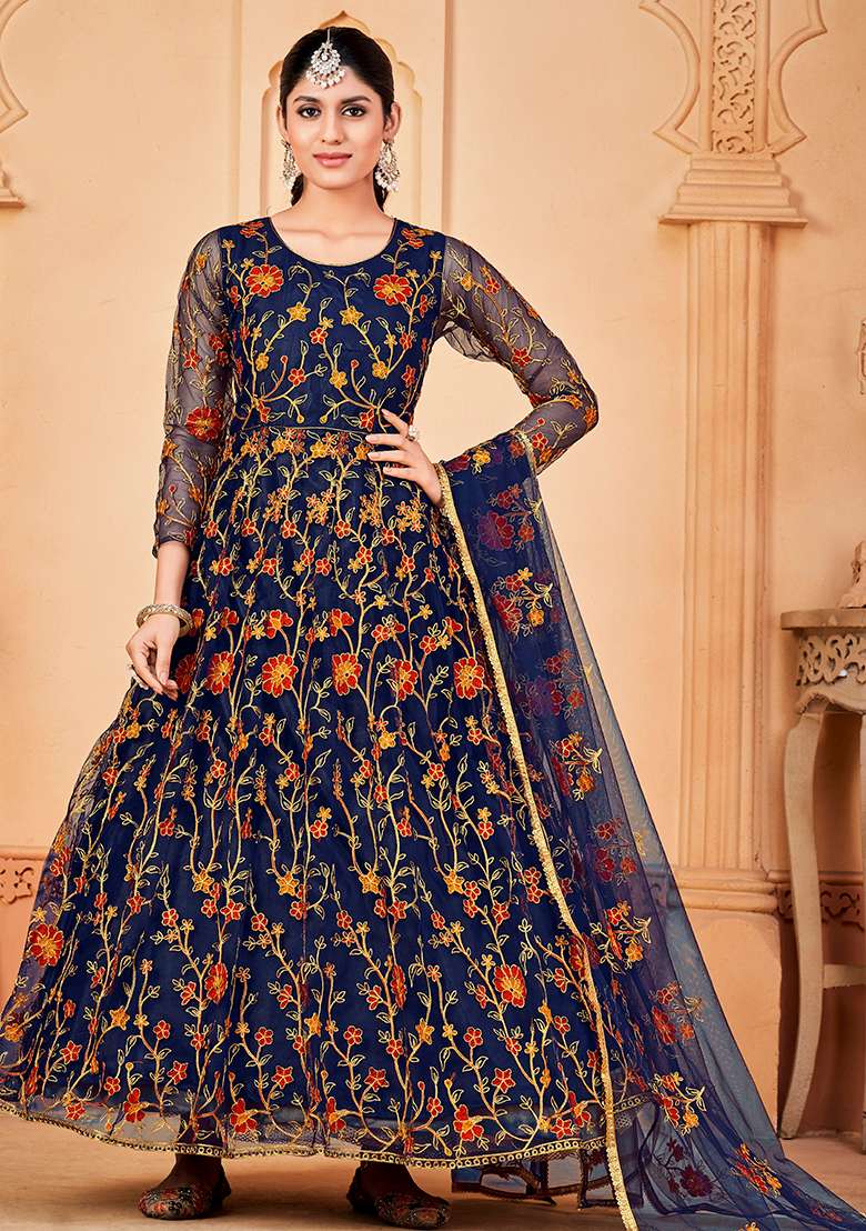Blue Embroidered Net Anarkali Set - Indya