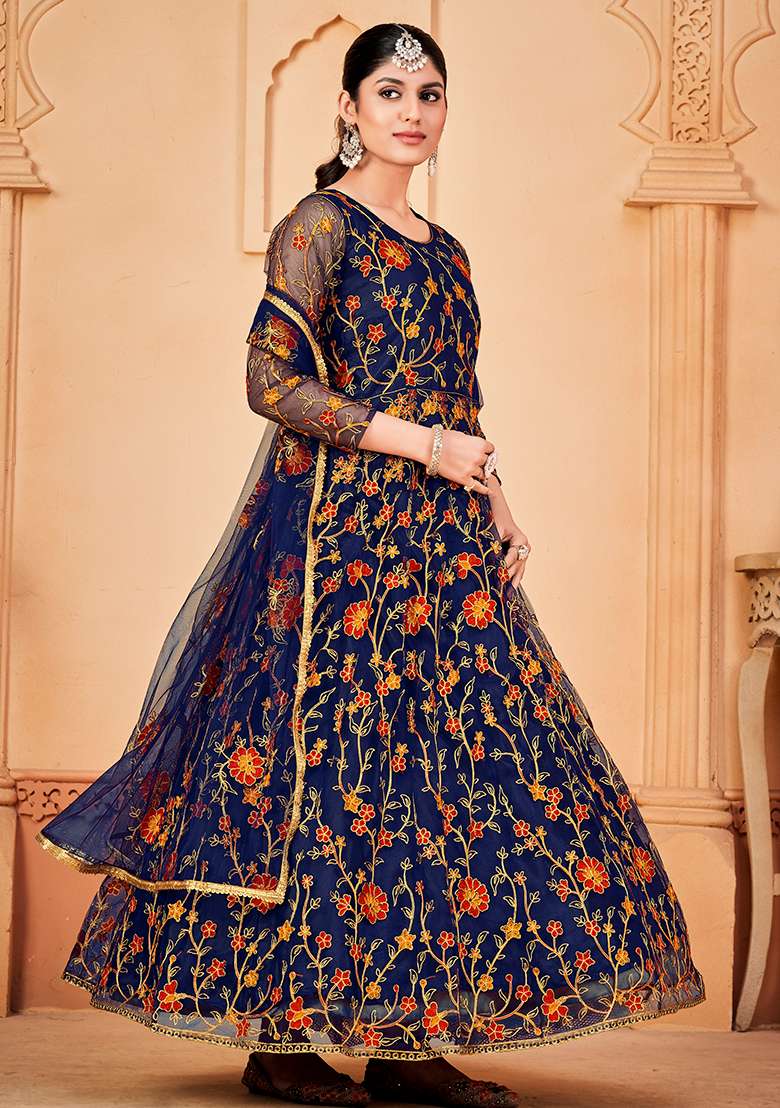 Blue Embroidered Net Anarkali Set - Indya