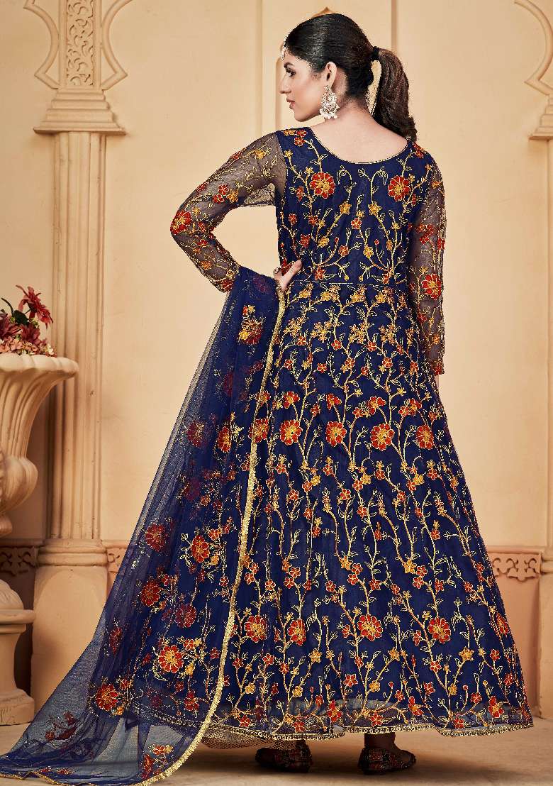 Blue Embroidered Net Anarkali Set - Indya