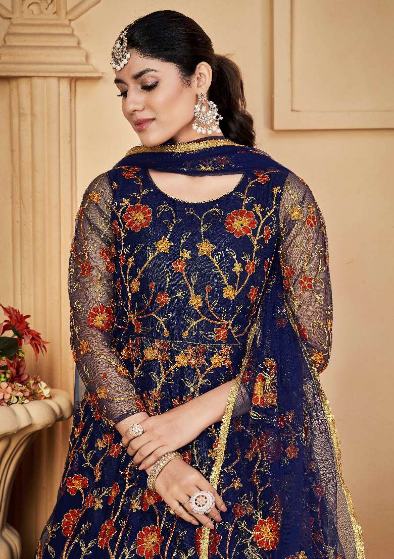 Blue Embroidered Net Anarkali Set - Indya