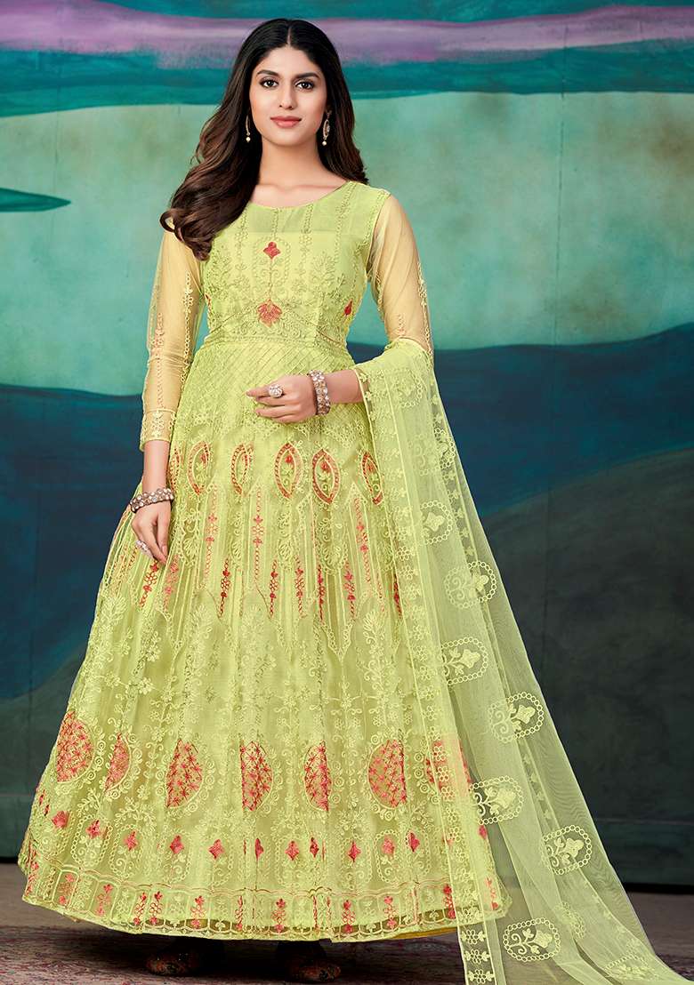Yellow Embroidered Net Anarkali Set - Indya