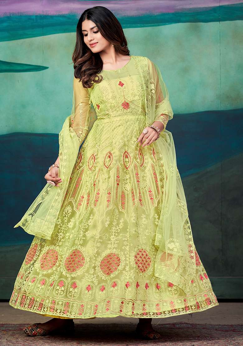 Yellow Embroidered Net Anarkali Set - Indya
